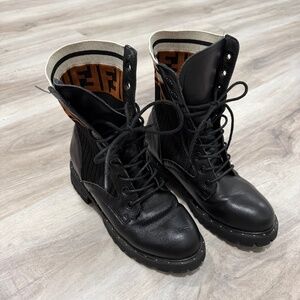 Share Fendi Rockoko Combat Boots Black Leather Sock FF Motif Authentic Sz US 6
